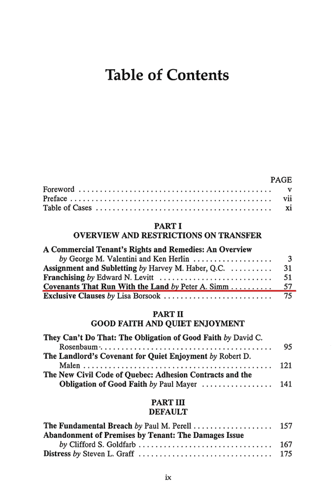 Table of Contents showing c.4 by Simm in Tenant's Rights & Remedies in a Commercial Lease (1st ed., 1998)